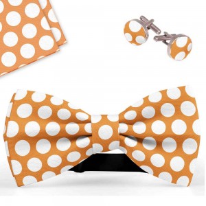 Set papion barbati, batista, butoni, portocaliu, buline albe mari